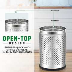 Stainless Steel 202 Perforated Design Open Top Dustbin - 25L | 10Inch (H) x 7 Inch (W) Silver Trash Can with Anti-skid Base | For Bathroom, Bedroom, Kitchen & Toilet or Commercial Use