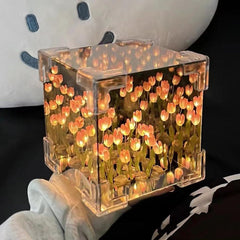 GARDINO Infinity Mirror Tulip Cube LED Lamp - 20 LED Flower Lights, Dual-Purpose Tabletop & Mirror Decor