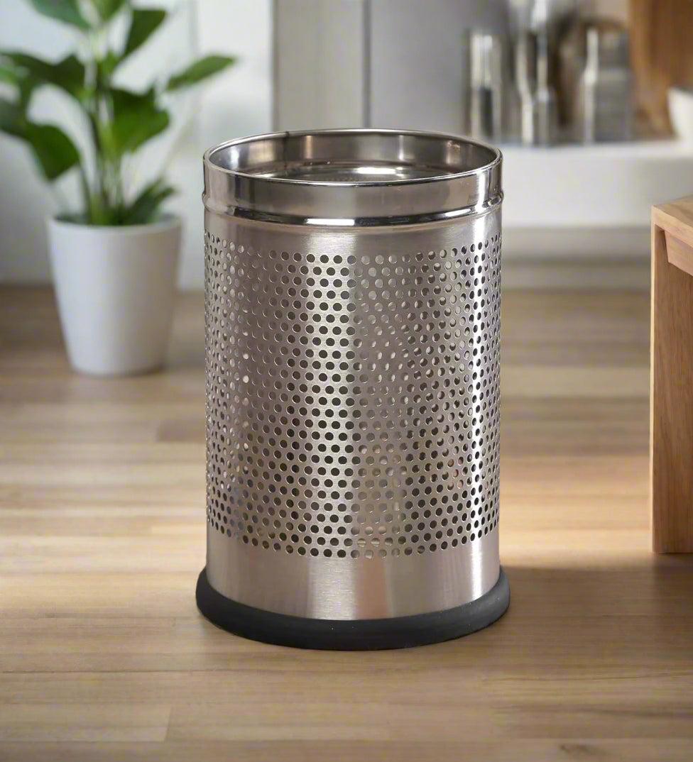 Stainless Steel 202 Perforated Design Open Top Dustbin - 25L | 10Inch (H) x 7 Inch (W) Silver Trash Can with Anti-skid Base | For Bathroom, Bedroom, Kitchen & Toilet or Commercial Use