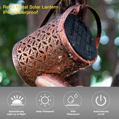 Solar Lights Outdoor Decorative, Solar Lantern Outdoor Hanging Waterproof Hollowed-Out Design, Decorative Retro Metal Solar Light with Hook