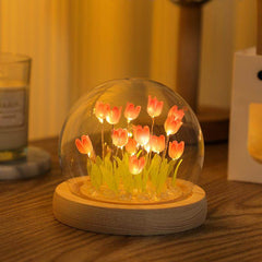 Gardino Romantic Tulip Night Light – Elegant LED Ball Lamp with Wooden Base, USB Powered for Home Decor, Soft Pink Glow, Ideal Gift for Loved Ones
