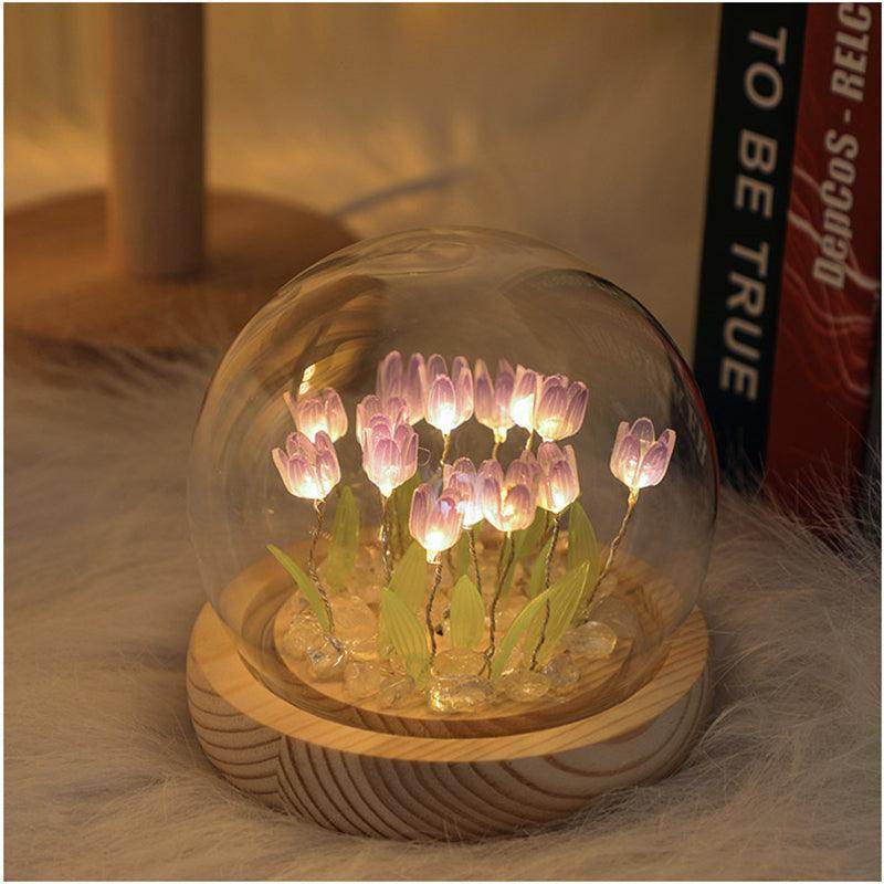 Gardino Romantic Tulip Night Light – Elegant LED Ball Lamp with Wooden Base, USB Powered for Home Decor, Soft Pink Glow, Ideal Gift for Loved Ones