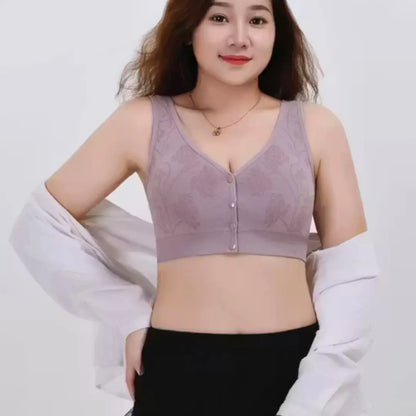 Plus Size Front Open Wireless Floral Bra – Soft Cotton Comfort for Women
