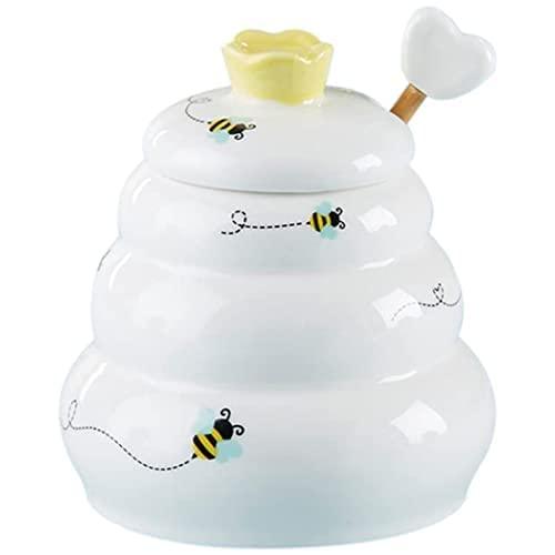 Gardino Sweet as Can Bee Ceramic Mini Honey Pot with Wooden Honey Dipper (3.4 oz) Honey Jar, Bee Decor, White/Yellow