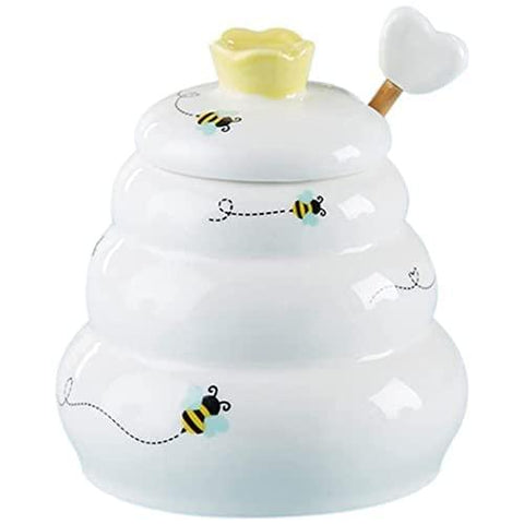 Gardino Sweet as Can Bee Ceramic Mini Honey Pot with Wooden Honey Dipper (3.4 oz) Honey Jar, Bee Decor, White/Yellow