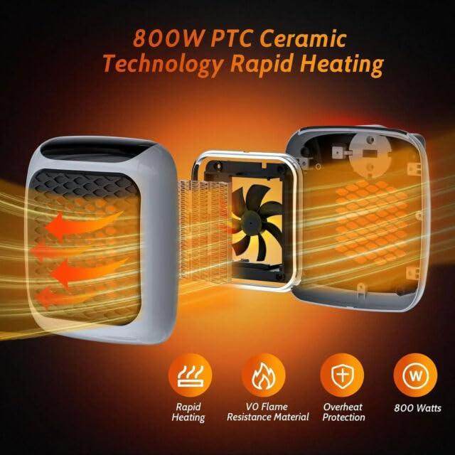 Handy Heater Turbo 800 Watts Outlet Small Space Heater with Adjustable Thermostat, Programmable 12-Hour Timer, Auto Shut Off - Quiet & Space-Saving Mini Heater