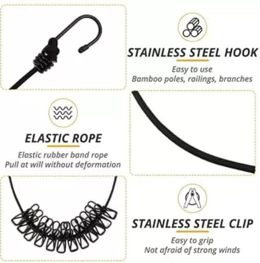 Elastic Clothes Drying Rope with Clips, Non-Slip Clothesline for Indoor and Outdoor Use (Pack of 2)