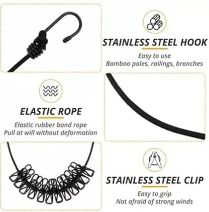 Elastic Clothes Drying Rope with Clips, Non-Slip Clothesline for Indoor and Outdoor Use (Pack of 2)