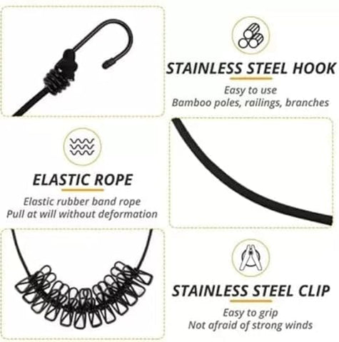 Elastic Clothes Drying Rope with Clips, Non-Slip Clothesline for Indoor and Outdoor Use (Pack of 2)