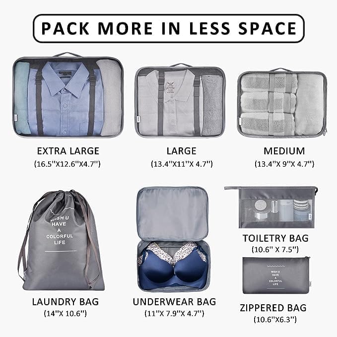 7 Pcs Travel Organizer Pouch Set | Packing Cubes for Clothes, Shoes, Toiletries, and Cosmetics | Space-Saving Travel Bags for Organized Packing