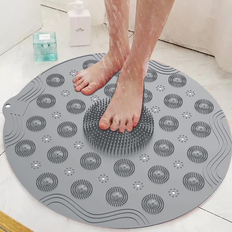 Anti-Skid Bathroom Shower Mat | Non-Slip Foot Pad with Suction Cups & Drain Holes | Soft Silicone Foot Massager Scrubber (Round)