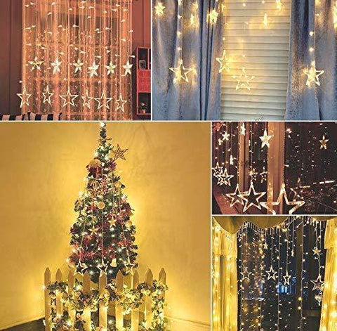 12 Star Curtain String Decorative Led Lights with 4 Meter (1 Curtain) 114 Led, (6+6 Star,Warm White,Corded electric,Plastic,Corner)