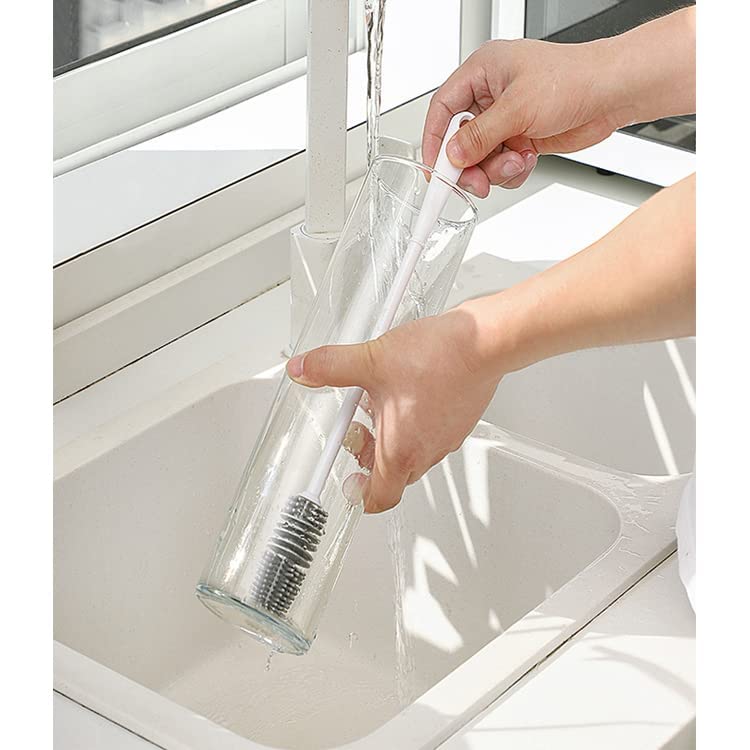 Bottle Cleaning Brush with Silicone Long Handle for Baby Bottles, Water Bottles, Containers, and Glasses