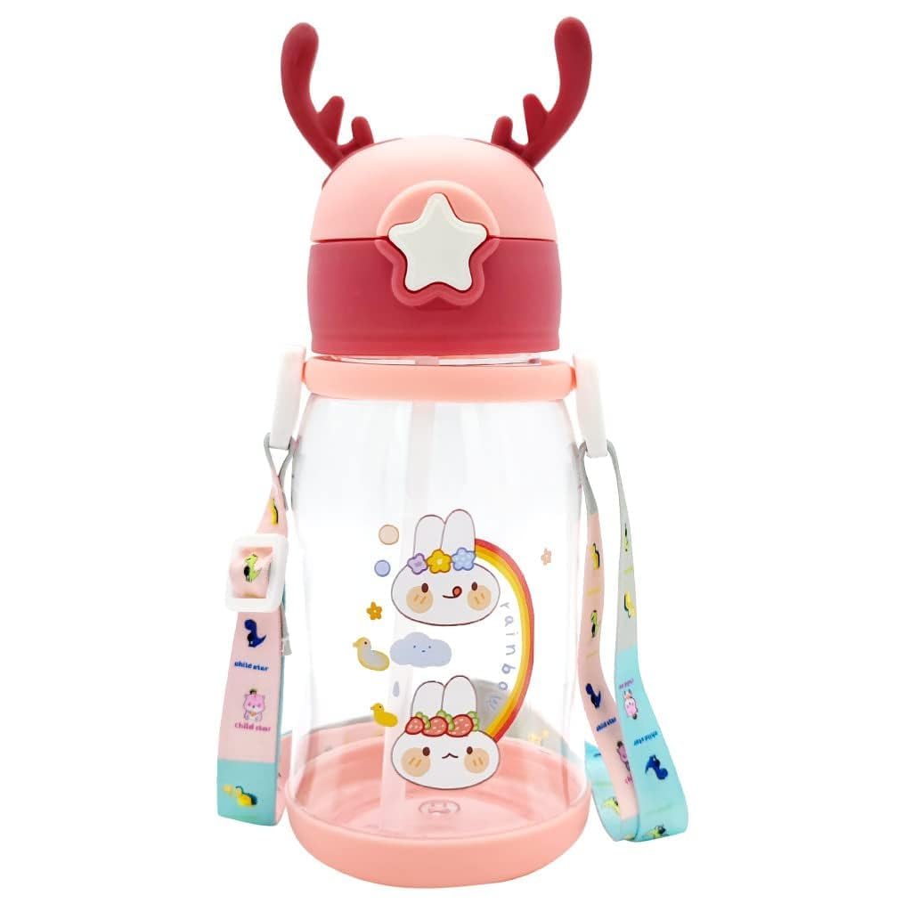 Multi-Cartoon Design Water Bottle with Straw & Strap | BPA-Free, Non-Toxic, Anti-Leak Bottle for Kids | Perfect for School & Home