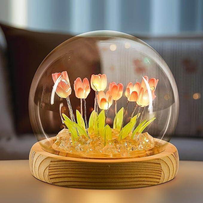 Gardino Romantic Tulip Night Light – Elegant LED Ball Lamp with Wooden Base, USB Powered for Home Decor, Soft Pink Glow, Ideal Gift for Loved Ones