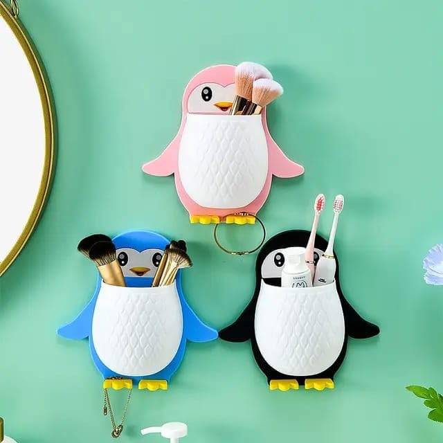Wall Mounted Penguin Design Organizer, Multi-Function Holder for Toothpaste, Remote, Mobile, Pencil, and Bathroom Essentials