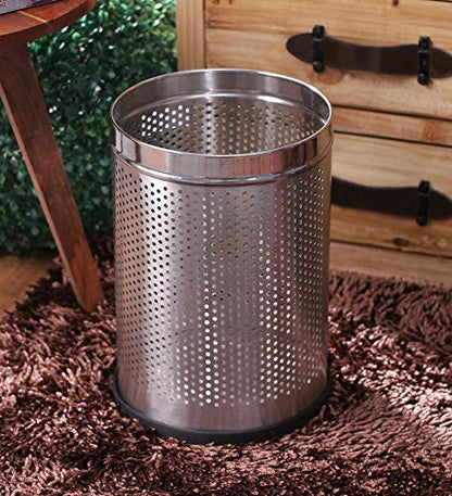Stainless Steel 202 Perforated Design Open Top Dustbin - 25L | 10Inch (H) x 7 Inch (W)  Silver Trash Can with Anti-skid Base | For Bathroom, Bedroom, Kitchen & Toilet or Commercial Use