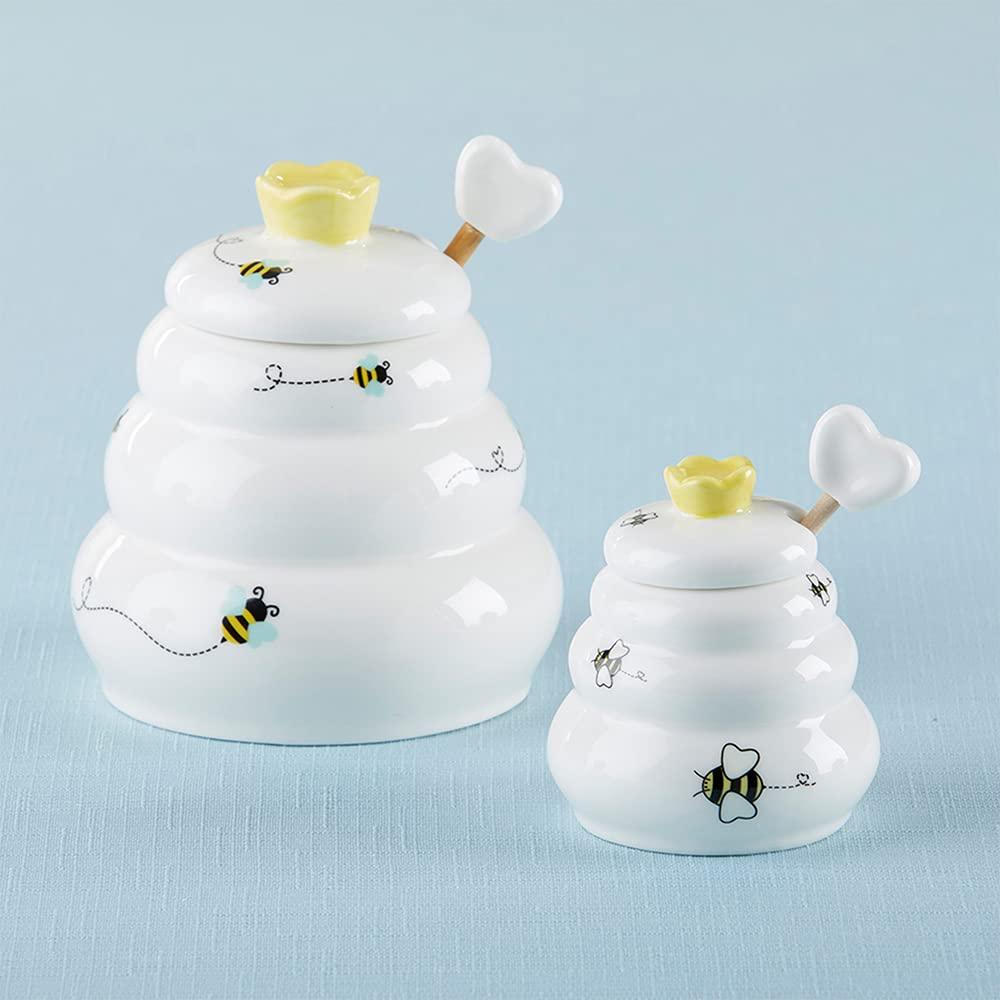 Gardino Sweet as Can Bee Ceramic Mini Honey Pot with Wooden Honey Dipper (3.4 oz) Honey Jar, Bee Decor, White/Yellow
