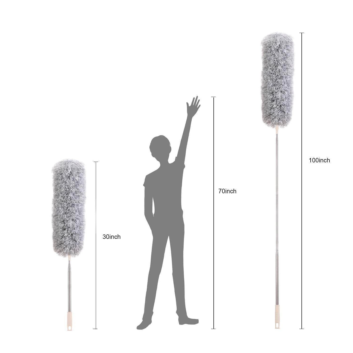 Microfiber Feather Duster Extendable Fan Cleaning Duster with 100 inches Expandable Pole Handle Washable Duster for High Ceiling Fans, Window Blinds, Furniture (Grey)