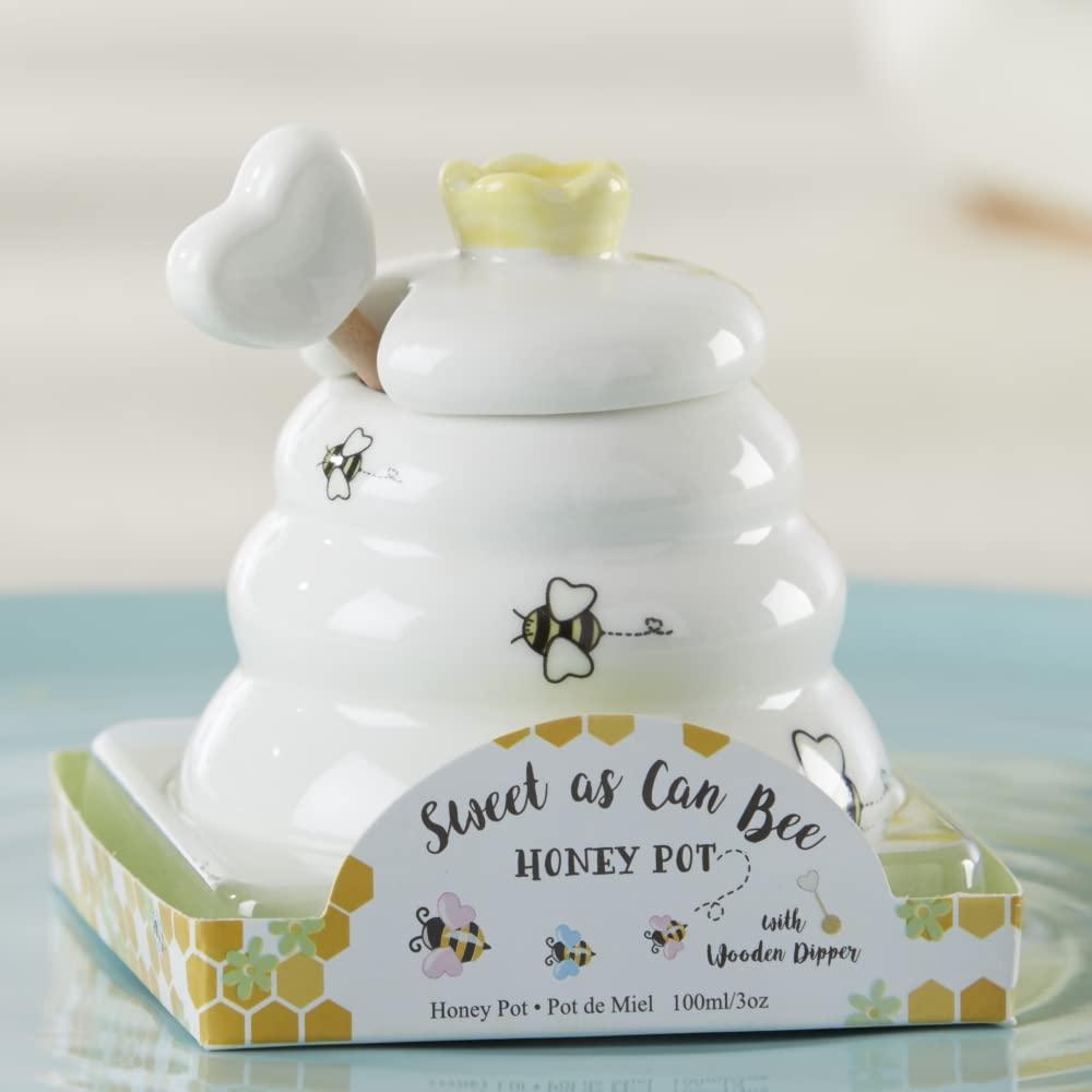 Gardino Sweet as Can Bee Ceramic Mini Honey Pot with Wooden Honey Dipper (3.4 oz) Honey Jar, Bee Decor, White/Yellow