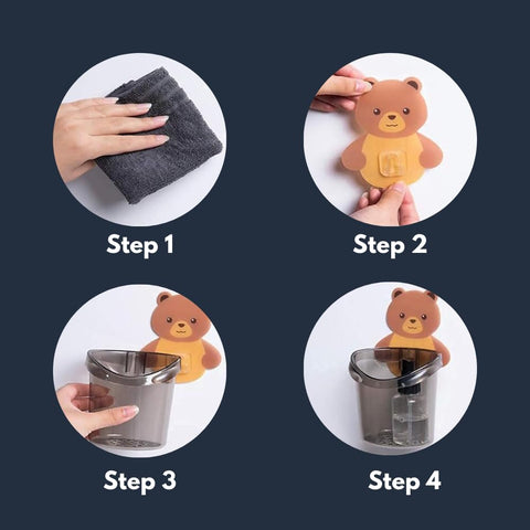 Plastic 2 Pack Toothbrush Holders for Bathroom, Self-Adhesive Waterproof Wall Mount, Teddy Bear Shaped with Cup Drain (Multicolor)