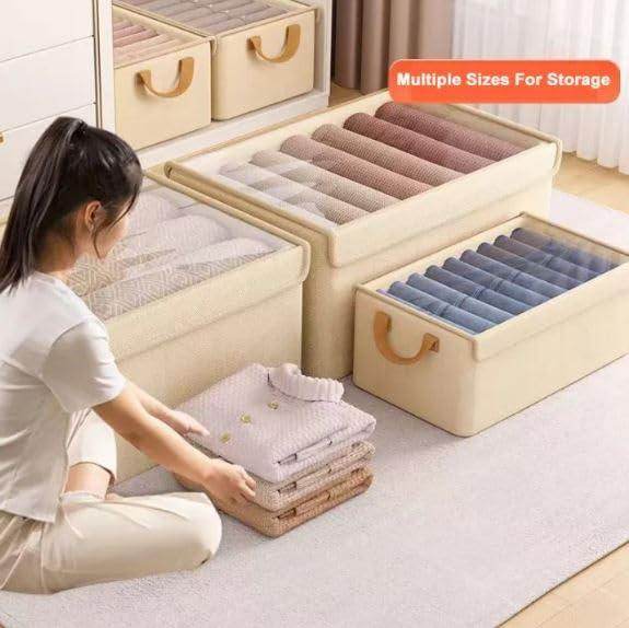 Storage Box with Lid, Large Clear Collapsible Stackable Storage Box, Foldable Fabric Linen Storage Boxes Cube, Dust Proof Closet Organizer Baskets for cabord under bad storage - (1 Pc)