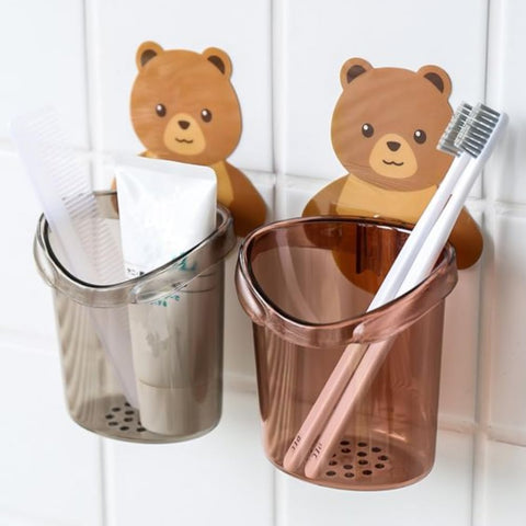 Plastic 2 Pack Toothbrush Holders for Bathroom, Self-Adhesive Waterproof Wall Mount, Teddy Bear Shaped with Cup Drain (Multicolor)