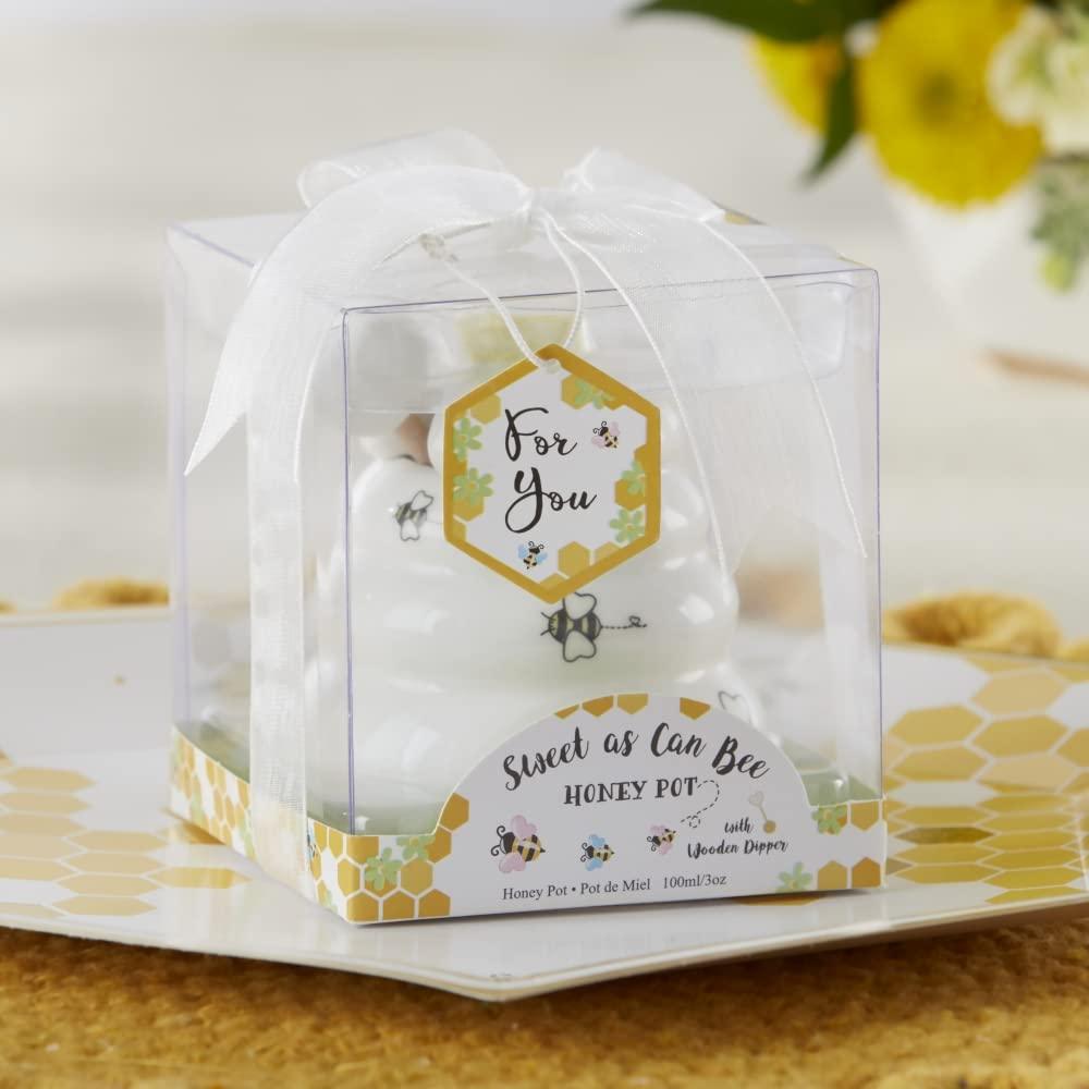Gardino Sweet as Can Bee Ceramic Mini Honey Pot with Wooden Honey Dipper (3.4 oz) Honey Jar, Bee Decor, White/Yellow