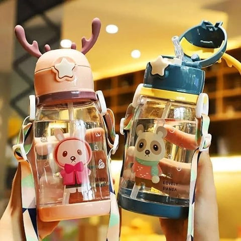 Multi-Cartoon Design Water Bottle with Straw & Strap | BPA-Free, Non-Toxic, Anti-Leak Bottle for Kids | Perfect for School & Home