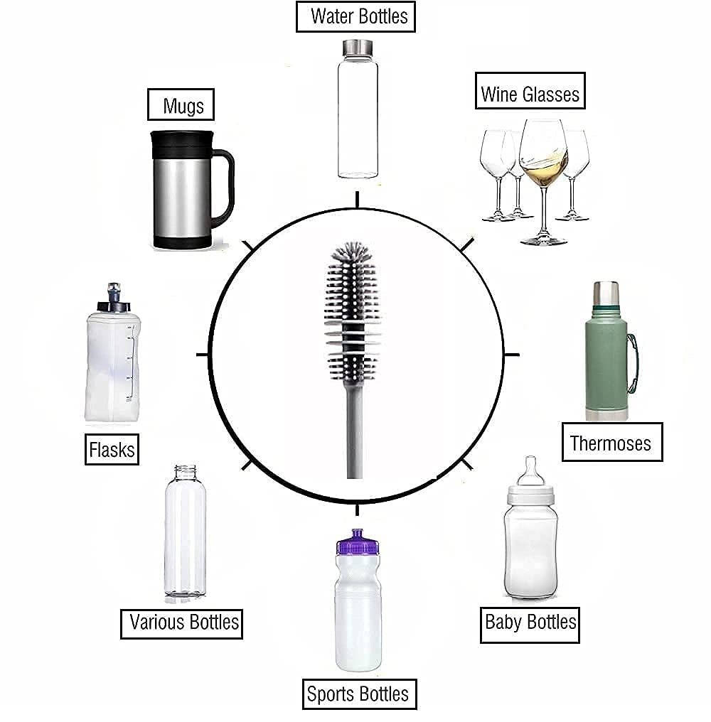 Bottle Cleaning Brush with Silicone Long Handle for Baby Bottles, Water Bottles, Containers, and Glasses