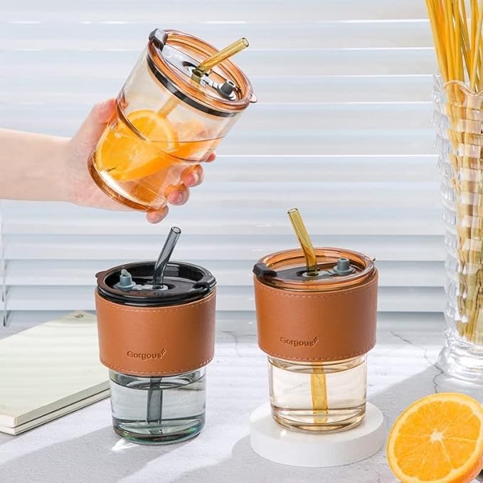 Glass Mug with Straw and Cover, 400 ml Capacity | Leakproof Glass Coffee Mug with Silicone Straw and Lid Tumbler