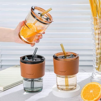 Glass Mug with Straw and Cover, 400 ml Capacity | Leakproof Glass Coffee Mug with Silicone Straw and Lid Tumbler