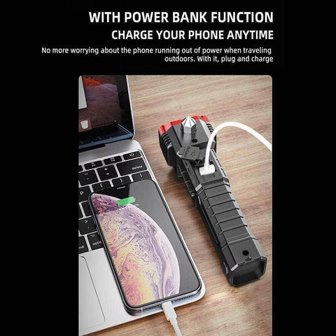 Portable Rechargeable Torch LED Flashlight Long Distance Beam Range with Power Bank, Hammer and Strong Magnets,