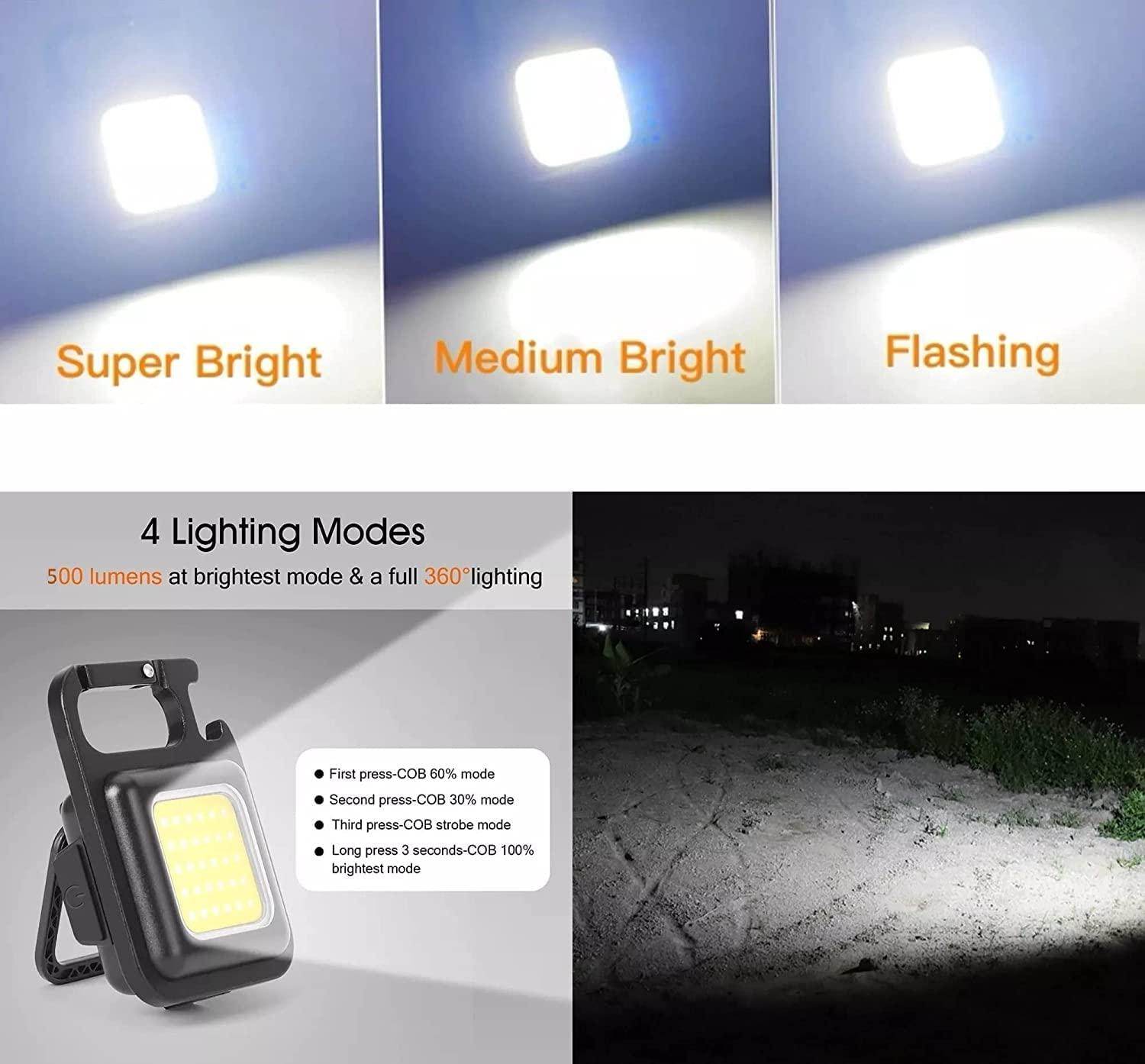 LED COB Key Chain Flashlights | Small Water Resistant, USB Rechargeable, Portable Mini Light with Folding Bracket | for Walking, Camping & Car Repairing Square