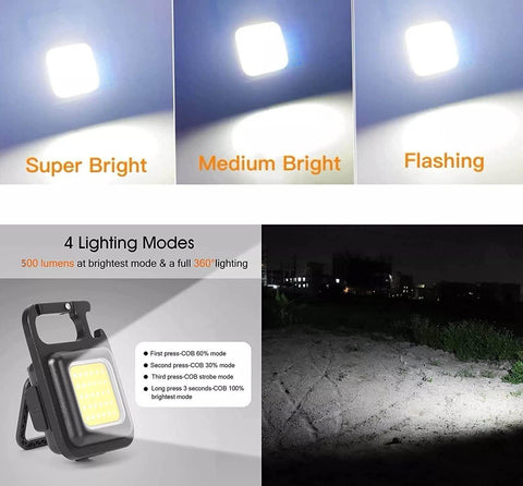 LED COB Key Chain Flashlights | Small Water Resistant, USB Rechargeable, Portable Mini Light with Folding Bracket | for Walking, Camping & Car Repairing Square
