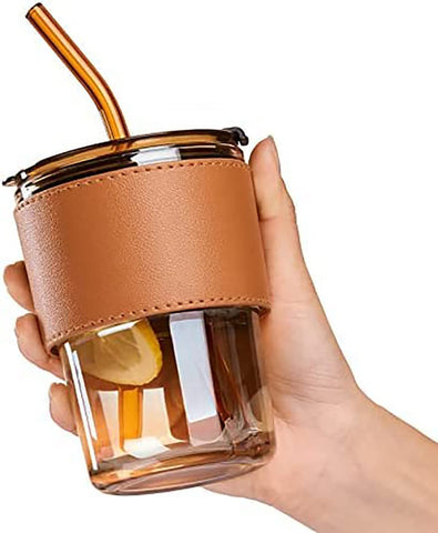Glass Mug with Straw and Cover, 400 ml Capacity | Leakproof Glass Coffee Mug with Silicone Straw and Lid Tumbler