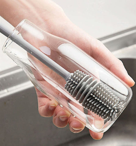 Bottle Cleaning Brush with Silicone Long Handle for Baby Bottles, Water Bottles, Containers, and Glasses