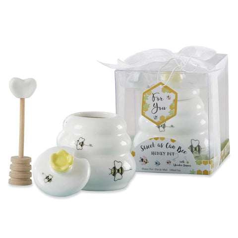 Gardino Sweet as Can Bee Ceramic Mini Honey Pot with Wooden Honey Dipper (3.4 oz) Honey Jar, Bee Decor, White/Yellow