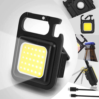 LED COB Key Chain Flashlights | Small Water Resistant, USB Rechargeable, Portable Mini Light with Folding Bracket | for Walking, Camping & Car Repairing Square