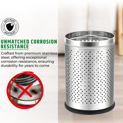 Stainless Steel 202 Perforated Design Open Top Dustbin - 25L | 10Inch (H) x 7 Inch (W)  Silver Trash Can with Anti-skid Base | For Bathroom, Bedroom, Kitchen & Toilet or Commercial Use