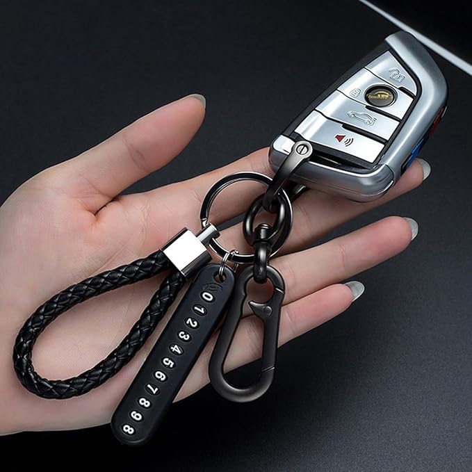 Anti-Lost Car Keychains With Phone Number Tag Metal Keychain Double Pendant Keyring For Car, Bike, Office Home, Black
