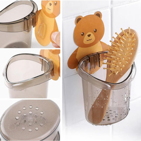 Plastic 2 Pack Toothbrush Holders for Bathroom, Self-Adhesive Waterproof Wall Mount, Teddy Bear Shaped with Cup Drain (Multicolor)