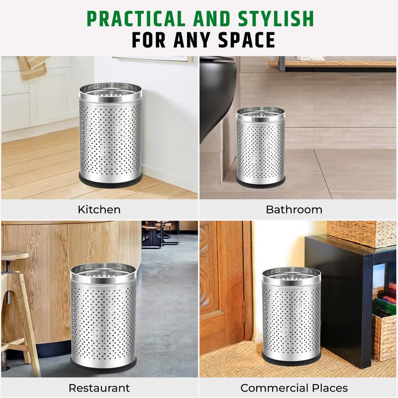 Stainless Steel 202 Perforated Design Open Top Dustbin - 25L | 10Inch (H) x 7 Inch (W)  Silver Trash Can with Anti-skid Base | For Bathroom, Bedroom, Kitchen & Toilet or Commercial Use