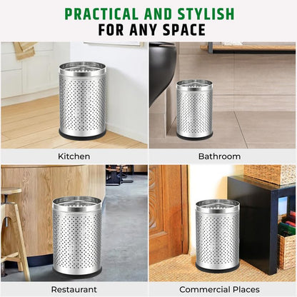 Stainless Steel 202 Perforated Design Open Top Dustbin - 25L | 10Inch (H) x 7 Inch (W)  Silver Trash Can with Anti-skid Base | For Bathroom, Bedroom, Kitchen & Toilet or Commercial Use