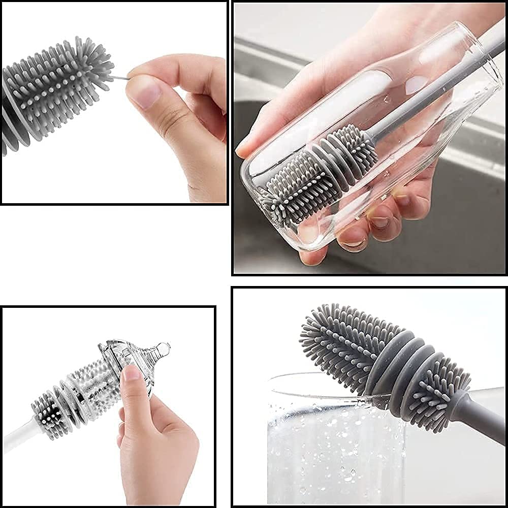 Bottle Cleaning Brush with Silicone Long Handle for Baby Bottles, Water Bottles, Containers, and Glasses