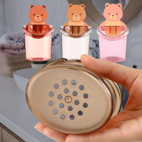 Plastic 2 Pack Toothbrush Holders for Bathroom, Self-Adhesive Waterproof Wall Mount, Teddy Bear Shaped with Cup Drain (Multicolor)