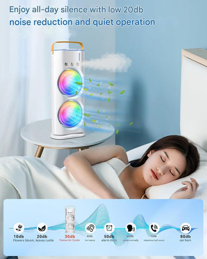 Double-Ended Spray cooler – USB Rechargeable, 3-Speed Oscillating Fan with Remote, LED Light & Ice Cooling 4000mAh