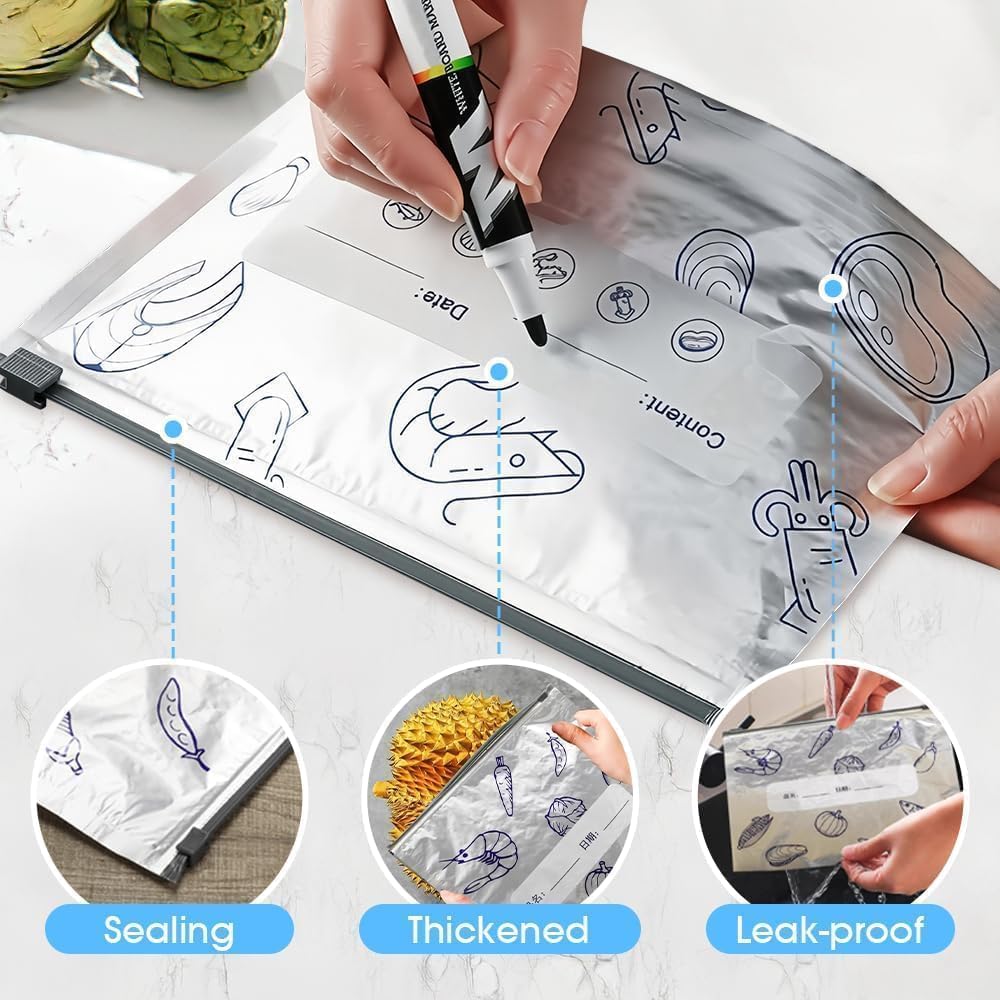 10 PCS Reusable Aluminum Food Storage Bags | Stand-Up Foil Zip Lock Pouches | Leakproof & Resealable Fresh-Keeping Bags for Vegetables, Fruits, Snacks & Meat