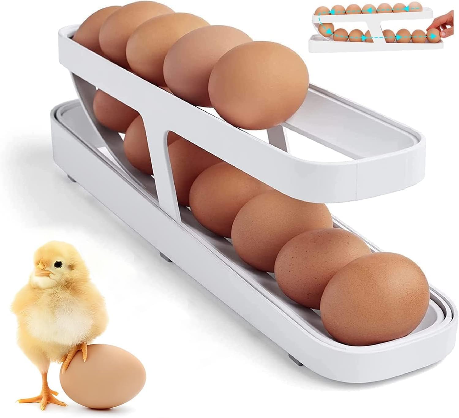 2-Tier Rolling Egg Dispenser | Space-Saving & Durable Polypropylene Egg Storage | Holds 12-14 Eggs with Gravity-Fed Design