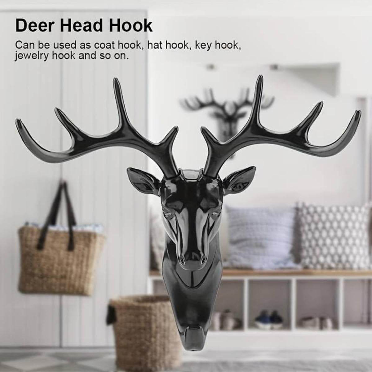 1 PCS Deer Head Hanging Hook, Self-Adhesive Wall Hook for Bags, Keys, and More | Rustic Wildlife-Inspired Decorative Holder (Black)